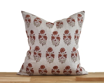 Block Printed Red Floral Linen Pillow Cover, Red Mughal Throw Pillow