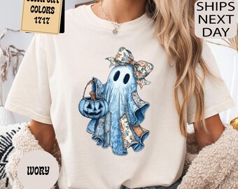 Comfort Colors® Patchwork Geist Shirt, Gruseliges Geist Shirt, Süßes Boo T-shirt, Blauer Denim Geist, Gruseliges T-Shirt, Preppy Halloween Shirt
