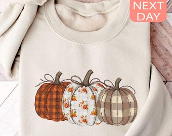 Sweatshirt boho herfstpompoen, sweater met patchwork pompoen, leuke herfsttrui, sweater herfstoogst, sweater met pompoenpatch