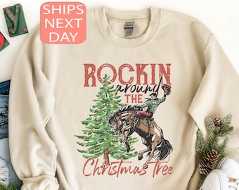 Sudadera &quot;Rocking Around The Christmas Tree&quot;, camisetas navideñas, camisa retro navideña del oeste, sudadera navideña vaquera, regalo de Navidad