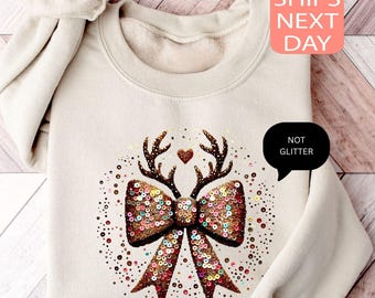 Christmas Deer Sweatshirt, Coquette Christmas Sweater, Xmas Reindeer Sweater, Cozy Women Apparel, Winter Outfit, Holiday Hoodie