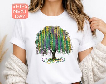 Watercolor Mardi Gras Tree Shirt, NOLA Beads Parade Shirt, Women Festive Tee