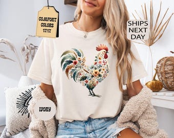 Comfort Colors Rooster Shirt, Floral Farm Life Tee