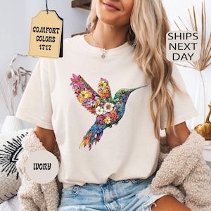 Comfort Colors Floral Hummingbird Shirt, Animal Lover Tee, Bird Shirt, Trendy Tee, Gift For Her, Bird Lover T-Shirt, Spring Bird, Flower Tee