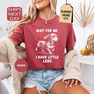 May include: Crimson red t-shirt with a white illustration of a dachshund and the text "WAIT FOR ME I HAVE LITTLE LEGS". The shirt also has the text "COMFORT COLORS 1717". The model is wearing denim shorts.
