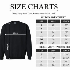 a black GILDA sweatshirt with size charts indicating the measurements for different body lengths and chest sizes.