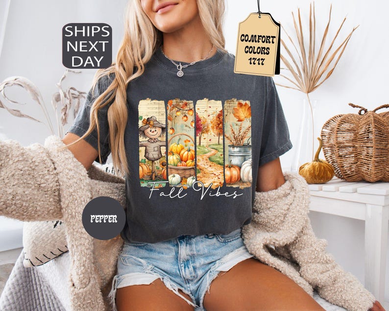 May include: Dark gray t-shirt with a fall-themed graphic. The graphic features a scarecrow, pumpkins, and the text "Fall Vibes." The shirt also has a tag that says "Comfort Colors 1717."