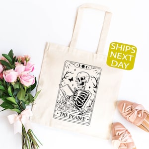 Die Leser Tarot Karte Einkaufstasche, Skeleton Liest Buch, Skelett Einkaufstasche, Canvas Buch Einkaufstasche, Skelett Bibliothekar Einkaufstasche, lesen Einkaufstasche