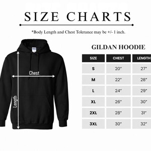 a black hoodie with measurements and size charts for different body lengths and chest sizes.