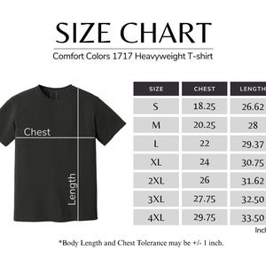 The image is a size chart for a black t-shirt, providing measurements for different chest sizes.