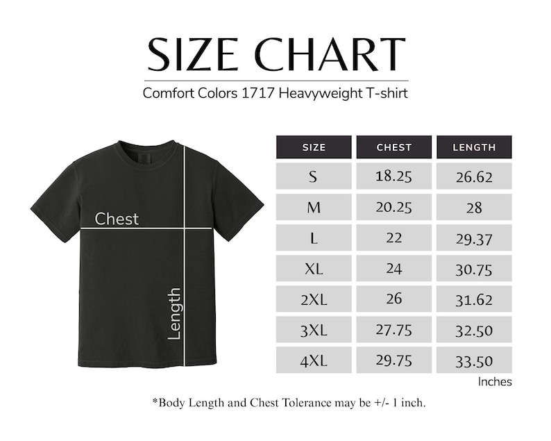 The image is a size chart for a black t-shirt, providing measurements for different chest sizes.
