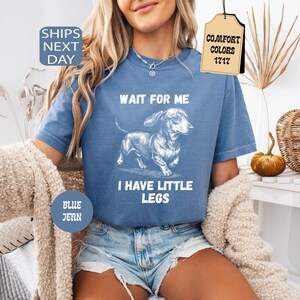May include: Blue jean-colored t-shirt with a dachshund graphic and the text "WAIT FOR ME I HAVE LITTLE LEGS." The shirt also has the text "COMFORT COLORS 1717" on a tag. The shirt is a comfortable fit.