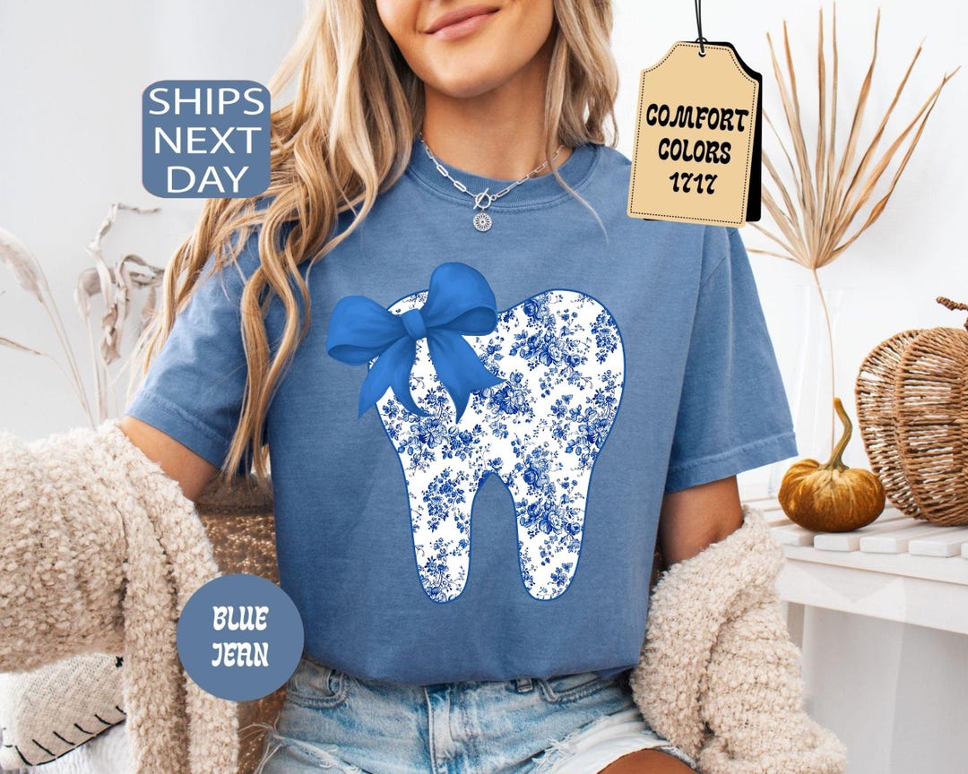 Comfort Colors Dental Shirt, Blue Floral Toile Tooth Shirt, Dental ...