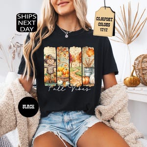 May include: Black t-shirt featuring a fall-themed graphic with a scarecrow, pumpkins, and autumn foliage. The words "Fall Vibes" are written in a script font. The shirt also has the words "Comfort Colors 1717" on a tag.