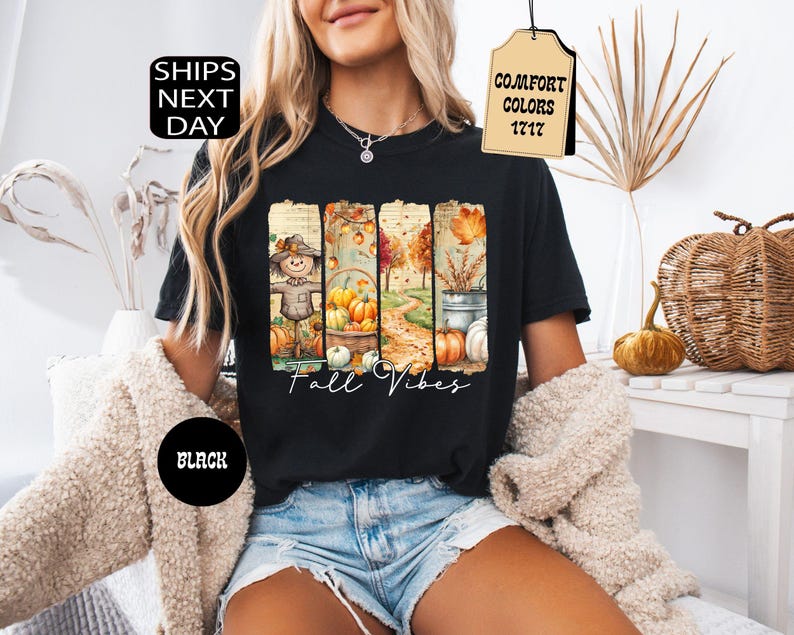 May include: Black t-shirt featuring a fall-themed graphic with a scarecrow, pumpkins, and autumn foliage. The words "Fall Vibes" are written in a script font. The shirt also has the words "Comfort Colors 1717" on a tag.