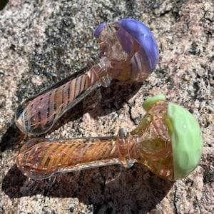 Glass Pipes 2 pipe combo, custom Iridescent glass pipe, custom hand-made Honeycomb pink twist with Purple Top & Green Top design glass pipe