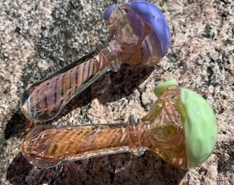 Glass Pipes 2 pipe combo, custom Iridescent glass pipe, custom hand-made Honeycomb pink twist with Purple Top & Green Top design glass pipe