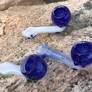 Glass Pipes, custom-made hand-blown glass pipe, Blue - White glass pipe, custom hand-made Sherlock Design glass pipe.