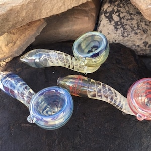 Glass Pipes, custom-made hand-blown glass pipe, Color changing glass pipe, custom hand-made Sherlock Fume Design glass pipe.