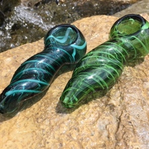 Glass Pipes, custom-made hand-blown glass pipe, Dark Green or Lite Green Swirl Hand-Blown Glass Pipes