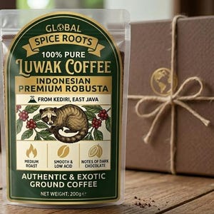 Café Luwak 100% puro, 200 gramos, Robusta indonesio, molido, bajo en acidez, con notas de chocolate negro.