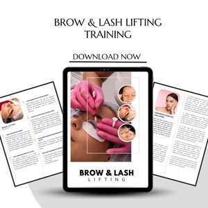 May include: A digital tablet displaying a training course on brow and lash lifting. The tablet shows a close-up of a person's eye with a lash lift in progress. The text "BROW & LASH LIFTING TRAINING" is displayed at the top of the screen.