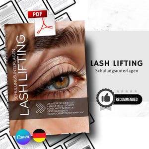 Könnte beinhalten: Nahaufnahme eines Auges mit langen Wimpern. Das Bild ist ein Cover für ein PDF-Dokument mit dem Titel "Lash Lifting Schulungsunterlagen", was mit "Lash Lifting Schulungsunterlagen" übersetzt wird. Das Dokument wird empfohlen und verfügt über ein Daumen-hoch-Symbol.