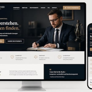 May include: A desktop monitor and a smartphone displaying the Kanzlei Meyer law firm website. The interface features a dark color scheme with gold accents, showing text in German, navigation menus, and a photograph of a lawyer writing in a book.
