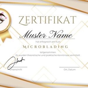 Puede incluir: Certificado con un diseño geométrico dorado y blanco. El certificado incluye el texto "ZERTIFIKAT" y "MICROBLADING". Un emblema circular con un diagrama de ojo y ceja está en la esquina superior izquierda.