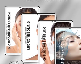 May include: A stack of four digital tablets displaying beauty treatment information. The tablets show the words "MICRODERMABRASION", "MICRONEEDLING", "CHEMISCHES PEELING", and "AQUAFACIAL". The text "SCHULUNGSBUNDLE" is at the top, and "Jetzt downloaden!" is at the bottom.