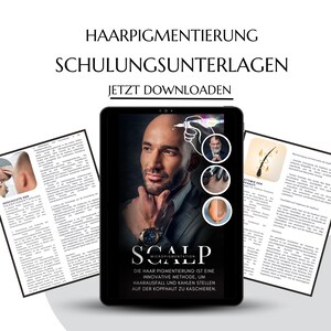 Könnte beinhalten: Ein digitales Tablet zeigt eine Website für die Kopfhaut-Mikropigmentierung. Die Website zeigt einen Mann mit rasiertem Kopf und den Text "SCALP MICROPIGMENTATION. Die Haarpigmentierung ist eine innovative Methode, um Haarausfall und kahle Stellen auf der Kopfhaut zu kaschieren."