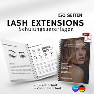 Puede incluir: Un conjunto de 150 manuales de formación en extensiones de pestañas en alemán. La portada presenta a una mujer con pestañas largas y el texto "Wimpernverlängerung Schulungsunterlagen", que se traduce como "Materiales de formación en extensiones de pestañas". Los manuales cubren las técnicas de pestañas individuales y de volumen.