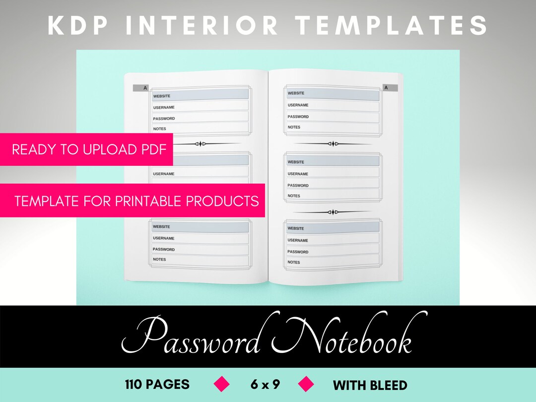 PASSWORD Notebook • 110 Total Pages • 6x9 Inches With Bleed • KDP ...
