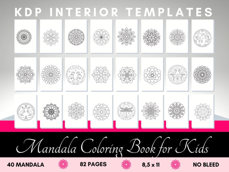 May include: A black and white printable coloring book for kids featuring 40 mandala designs. The book has 82 pages and is 8.5 inches by 11 inches. The book is designed for no bleed printing.