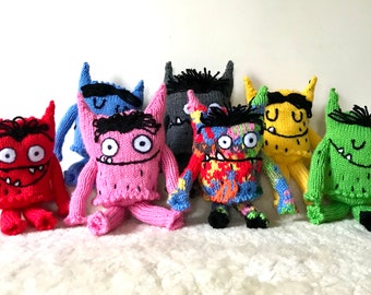 My Colour Monster Knitting Patterns.  The monsters and the girl. 2024