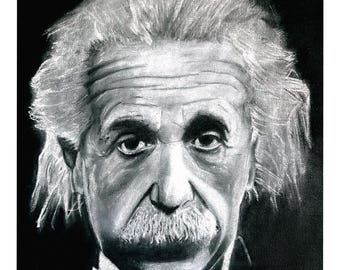 May include: A black and white drawing of Albert Einstein, a famous physicist, with his signature white hair and moustache. The drawing is done in a realistic style and captures the likeness of the subject.