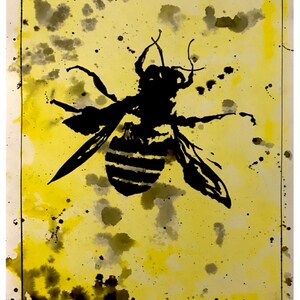May include: A black silhouette of a bee with yellow and black stripes on its abdomen, set against a yellow background with black splatter paint.