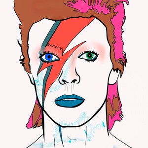 May include: A stylised illustration of a person with a red, blue and black lightning bolt painted on their face. The person has pink hair, blue and green eyes, and is wearing blue lipstick.