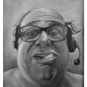 May include: Black and white portrait of a man with glasses and a headset. The man has a wide face, furrowed brow, and is mid-expression with his mouth open. The headset has a microphone.