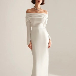 Off the Shoulder Off White Maxi Civil Wedding Dress, Mini Courthouse Wedding Dress, Classic Long Sleeve Off The Shoulder Mini Wedding Dress