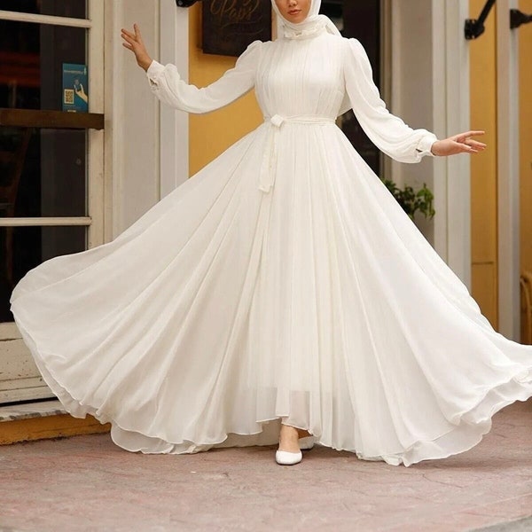 Double Lined Modest Wedding Dress with Tail, A line Chiffon Long Sleeves Wedding Dress, Minimalist High Neck Maxi Wedding and Evening dress