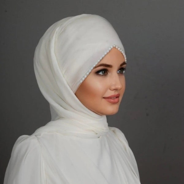 Perlen Braut Hijab, bereit zu tragen Schal, Chiffon Turban, Ecru Farbe Braut Hijab, bereit zu tragen drapierte Chiffon einfache Tüll Hijab