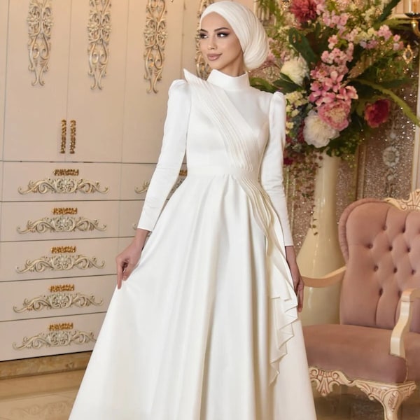 Off White Satin Modest Wedding Dress, Islamic A line Long Sleeves Wedding Dress, Minimalist High Neck Maxi Muslim Wedding and Evening Dress