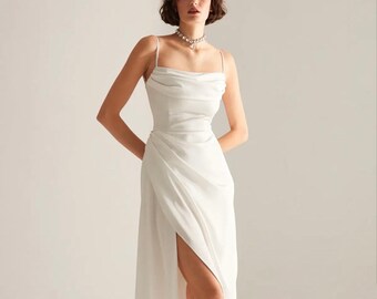 Thin Strappy Off White Midi Deep Slit Wedding Dress, Asymmetrical Skirt Courthouse Wedding Dress, Classic Elegant Square Neck Civil Bridal