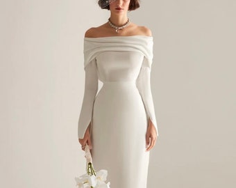 Robe de mariée civile midi blanc cassé avec épaules dénudées, Mini robe de mariée pour le palais de justice, Robe de mariée longue classique à manches longues et épaules dénudées