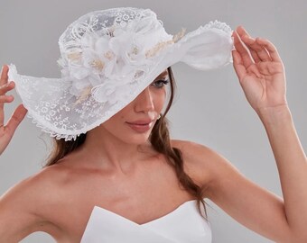 Sombrero de novia detallado de encaje boho, sombrero de novia de diseño floral, gorra de novia, gorra de boda, tocado de boda boho, sombrero blanco boho de encaje vintage