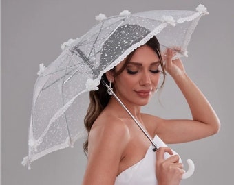 Polka Dot Tulle Bridal Umbrella, Off White Wedding Umbrella,Bridal Party Flowers Umbrella,Pearls detailed Lace Victorian Photo Shoot Parasol