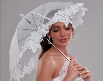 Ombrello da sposa in pizzo, ombrello da sposa in pizzo bianco sporco, ombrello da festa nuziale glitterato, ombrello per servizio fotografico vittoriano in pizzo dettagliato con perle