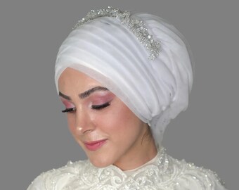 Front Draped White / Ivory / Off White Color options Bridal Outer Bonnet, Tulle Ready to Wear Turban Hijab, Muslim Islamic Wedding Bonnet