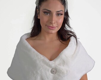 Kunstpelz Brautstola, Off-White kurze Brosche detaillierte Pelz-Schal Braut Bolero, Schulter-Schal, wickeln Hochzeit Shrug, Braut Hochzeit Jacke